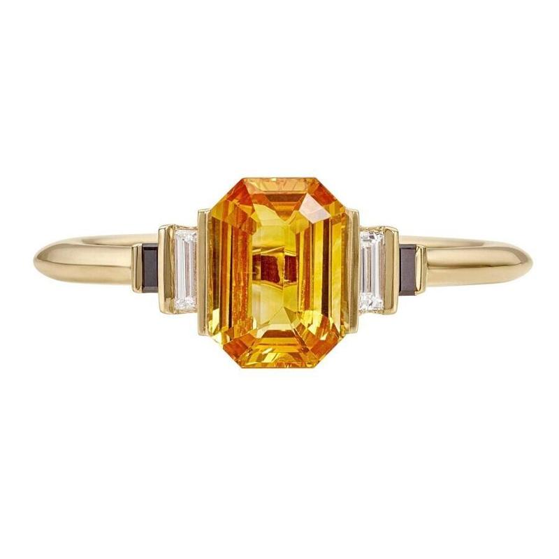 Orange Sapphire with Black Stone Diamond Ring