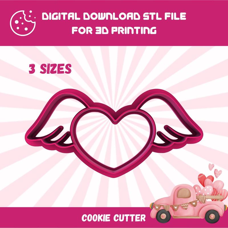 Cutty clay stl valentine heart with wings cookie cutter, 3 sizes stl file for 3d printing