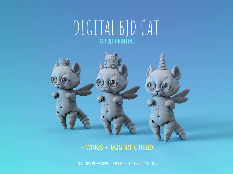 BJD cat with wings and magnetic head accessories