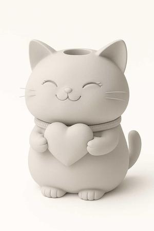 Cute Cat Holding Heart Planter – 3D Printable Kawaii Pencil Holder STL