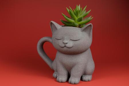 Smiling Cat Planter with Curled Tail – 3D Printable Succulent Pot STL File
