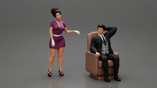 Attractive Stewardess Posing and her hand on the seat and a businessman sitting and hand on head