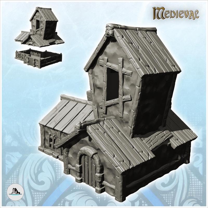Medieval house with wooden roof and central tower with window (12) - Medieval Feudal Old Archaic Saga 28mm 15mm