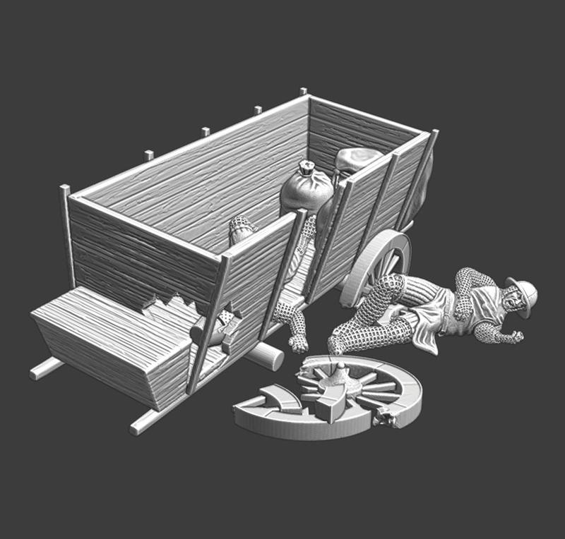 Medieval destroyed wagon and wounded