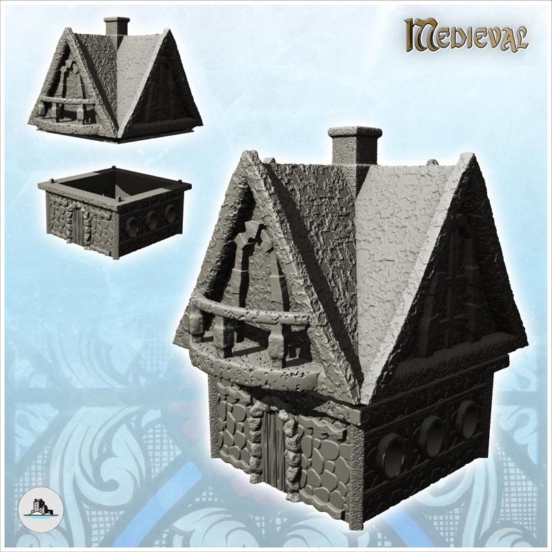 High roofed building with stone terrace and chimney (23) - Medieval Feudal Old Archaic Saga 28mm 15mm