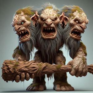 112 Three-Headed Troll - 3D-Printed Fantasy Statue with Club, character, monster, fantasy, art, sculpture, model, animal, 3d model, statue, creature, magic, 3d print, collectible, cat, wood, dragon, sword, base, warrior