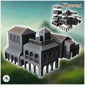 Set of three Venetian houses with large columned awnings (2) - Medieval Gothic Feudal Old Archaic Saga 28mm 15mm RPG