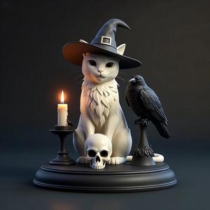 2000 Witch Cat Composition - Skull, Raven & Candleholder on Shared Ivory Base, magic, dragon, serpent, mask, gnome, gorgon, venetian carnival, wild, fox, monster, cat, fair, witch, werewolf, horror, beast, snake, troll, skeleton dance