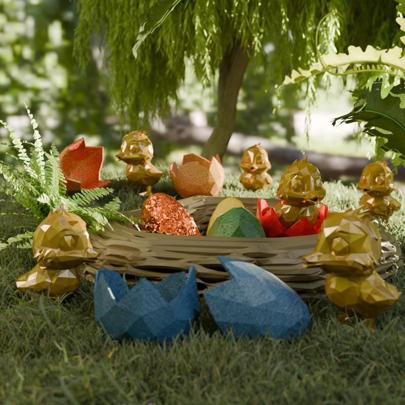 Cute Low Poly Easter Nest --> Nest + Egg + Broken Egg + 2 Chicks