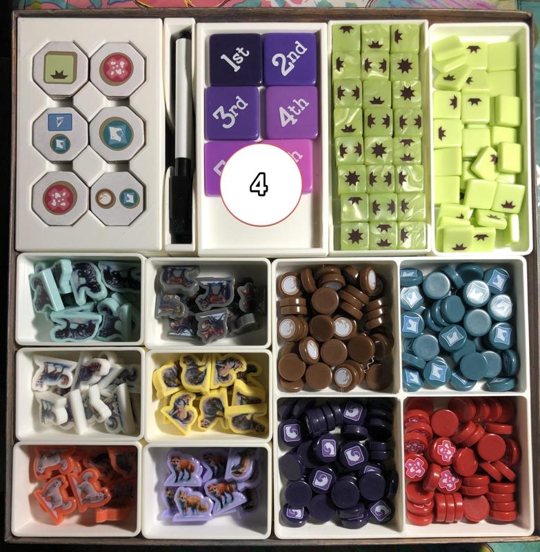 Fox Experiment organizer/insert fits 5-6 player exp, Kickstarter content, original wood fox meeples