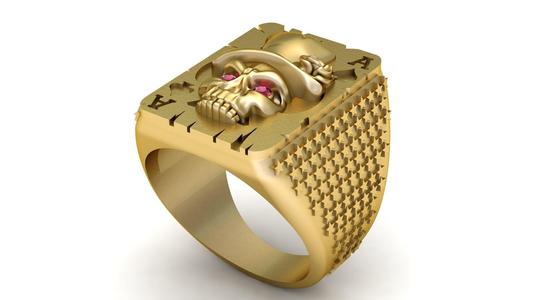 Gold Skull Poker Ace Ring with Ruby Eyes