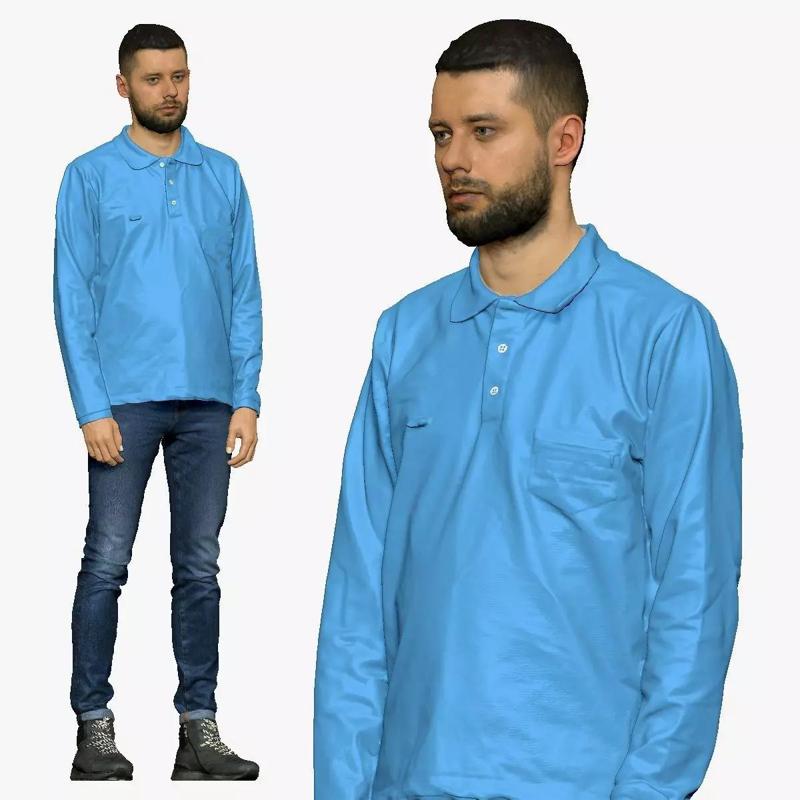 001296 man with beard in blue polo and jeans normal pose 3dp