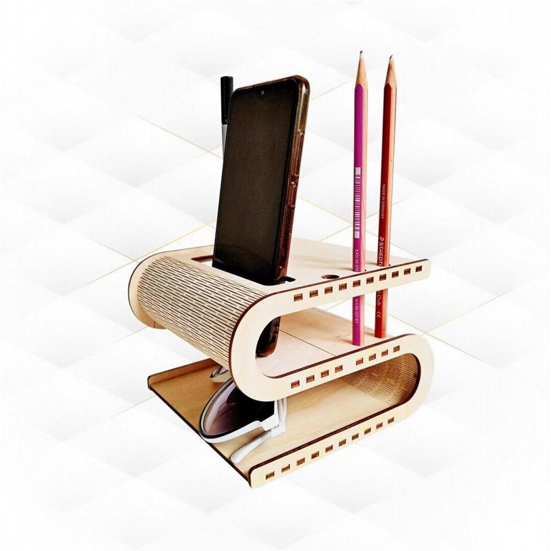 Multifunction holder for 3 phones, 6 pens and glasses - Elegant wooden design