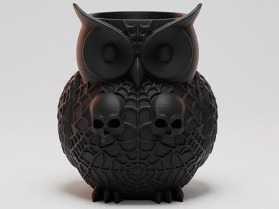 Gothic Owl pen holder/ pot with Spiderweb & Skulls