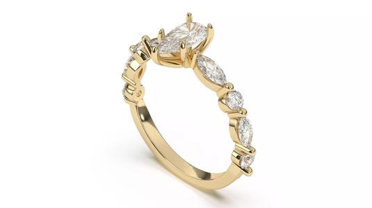 Pear Gold Engagement Ring  With Roung and Marquise Diamonds