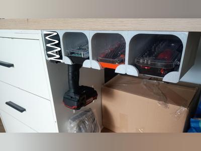 Under desk workshop storage for screwdriver / drill bits