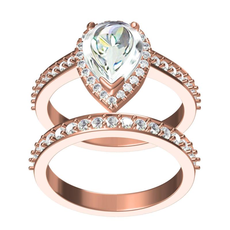 Pear Diamond Round Diamond Halo Engagement Ring with Band