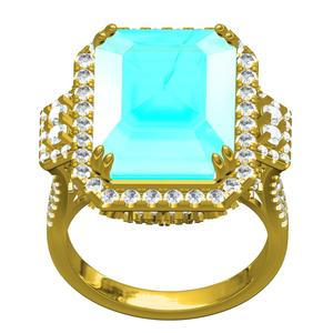 Aqua Blue Emerald Stone Diamond Halo Cathedral Ring