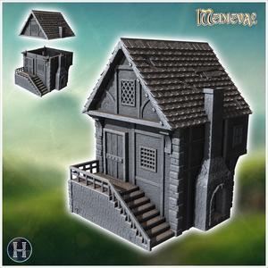 Medieval house with outdoor fireplace, half-timbered walls and access staircase with railing (11) - Medieval Gothic Feudal Old Archaic Saga 28mm 15mm RPG