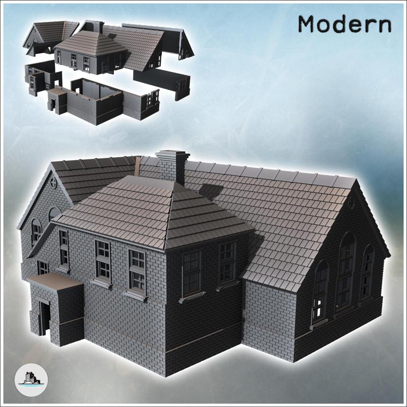 Large modern mansion with angled roof and central annex with chimney (intact version) (41) - Modern WW2 WW1 World War Diaroma Wargaming RPG Mini Hobby