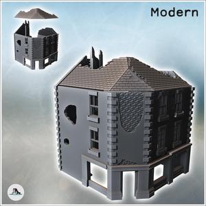 Corner ruin building with three-sided roof and ground-floor shop (14) - Modern WW2 WW1 World War Diaroma Wargaming RPG Mini Hobby
