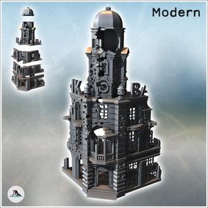 Corner ruin with multiple floors, baroque bell tower, and clock (3) - Modern WW2 WW1 World War Diaroma Wargaming RPG Mini Hobby