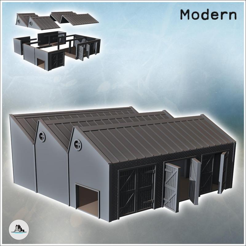Factory with shed roof, three large reinforced wooden doors, and round windows (1) - Modern WW2 WW1 World War Diaroma Wargaming RPG Mini Hobby