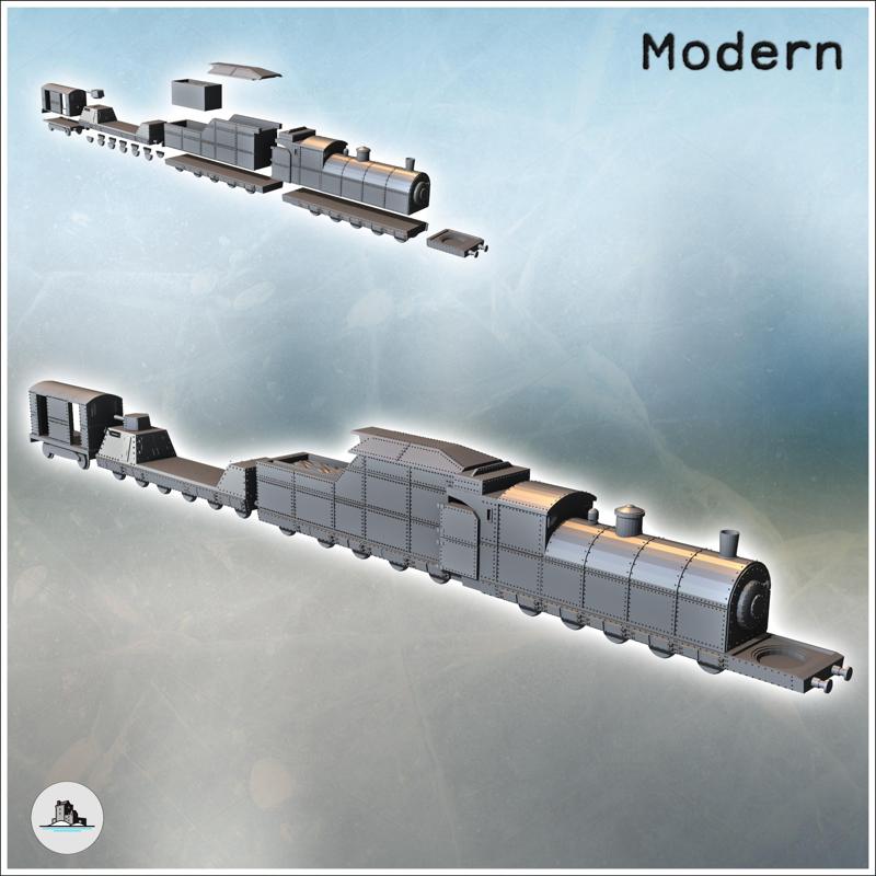 Modern railway convoy with armored train and trailer equipped with military turret (2) - Cold Era Modern Warfare Conflict World War 3 RPG  Post-apo