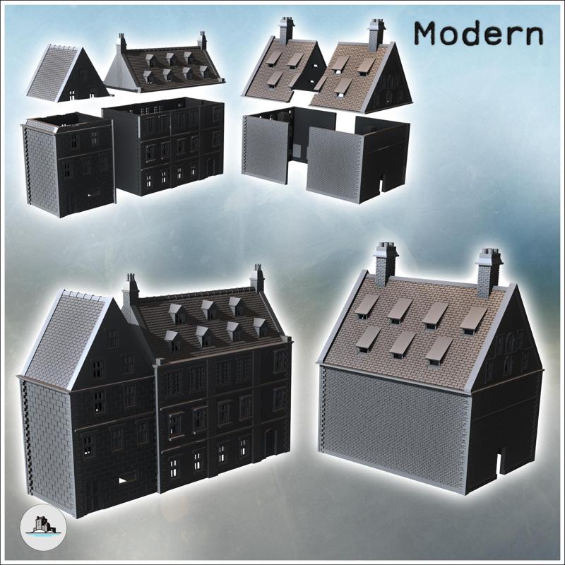 Set of two large modern brick buildings with sloping roofs and double chimneys (intact version) (20) - Modern WW2 WW1 World War Diaroma Wargaming RPG Mini Hobby
