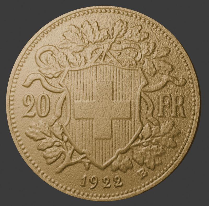 Switzerland, 20 Francs, Goldvreneli, Number Side, 3D Scan