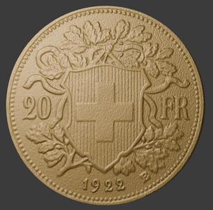 Switzerland, 20 Francs, Goldvreneli, Number Side, 3D Scan