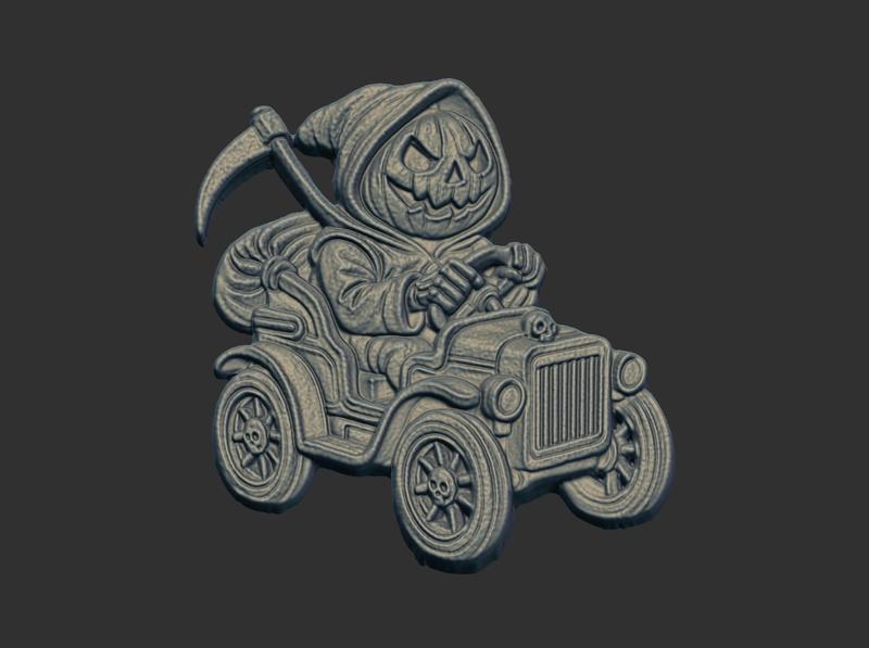 pumpkin grimreaper driving car