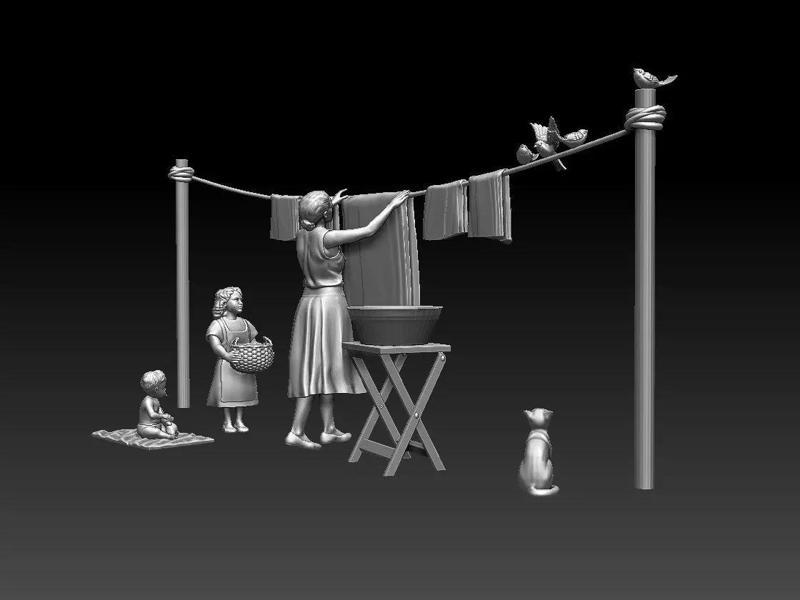 family bronze statue of woman washing clothes