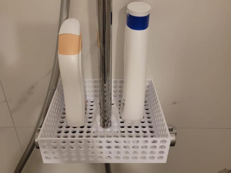 shower caddy, shampoo, shower gel