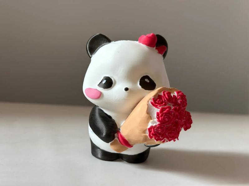 Adorable panda presenting a bouquet of roses