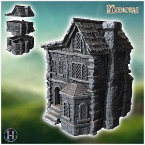 Medieval house with exterior fireplace, carved stone walls and bay window (2) - Medieval Gothic Feudal Old Archaic Saga 28mm 15mm RPG