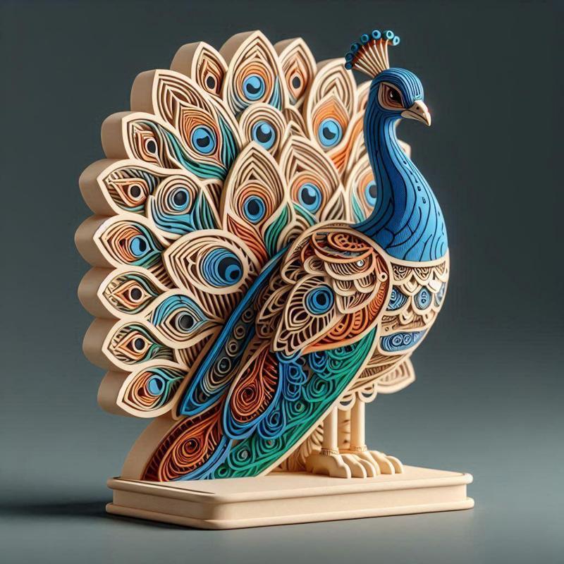 1172 Colorful 3D Model of a Peacock on Base, totem, pug, dachshund, poodle, rooster, dog, dogue, beagle, peacock, lion, fox, bull terrier, pomeranian, galgo, wolf, doberman pinscher, newfoundland, decorative, crocodile