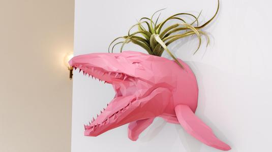 mososaurus dinosaur head roaring wall mount planter pot flower vase low poly stl