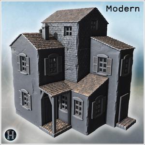 House complex with interlocking volumes, wooden awning and mixed masonry textures (79) - Modern WW2 WW1 World War Diaroma Wargaming RPG Mini Hobby