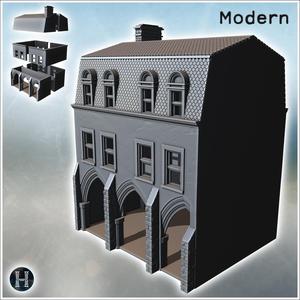 Two-story building with gabled roof and arched entrance supported by stone pillars (Carentan, Normandy 1944, France) (33) - Modern WW2 WW1 World War Diaroma Wargaming RPG Mini Hobby