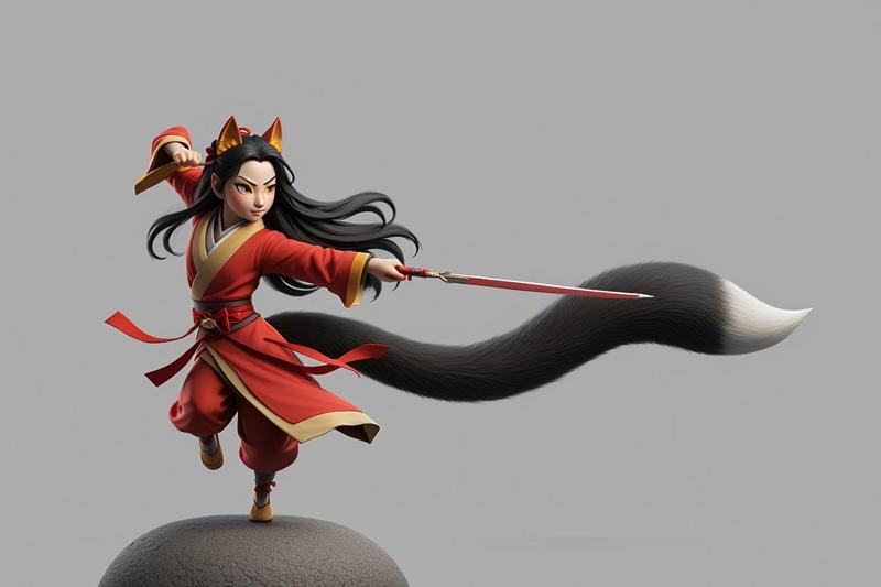 1666 Color 3D Model of a Fox-Woman Practicing Kung Fu (Inspired by Pu Song Ling), magic, fox, kung fu, shapeshifter, martial arts, fantasy, Pu Song Ling, warrior, monster, fair, witch, werewolf, horror, beast, snake, troll, skeleton dance