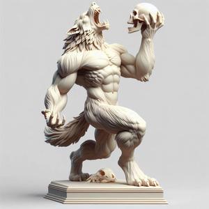 268 Ivory Werewolf Howling with Skull - 3D Model, creature, dinosaur, sculpture, monkey, witch, serpent, fantasy, art, wooden, dragon, dnd, cat, monster hunter, dog, totem, totemic
