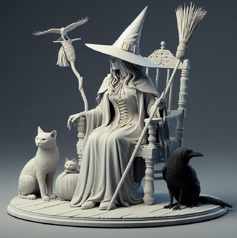 051 Ivory Witch on Chair with Cat and Raven - 3D Figurine, character, monster, fantasy, art, sculpture, model, animal, 3d model, statue, creature, magic, 3d print, collectible, cat, wood, dragon, sword, base, warrior, wild, dog