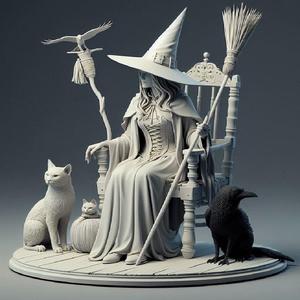 051 Ivory Witch on Chair with Cat and Raven - 3D Figurine, character, monster, fantasy, art, sculpture, model, animal, 3d model, statue, creature, magic, 3d print, collectible, cat, wood, dragon, sword, base, warrior, wild, dog