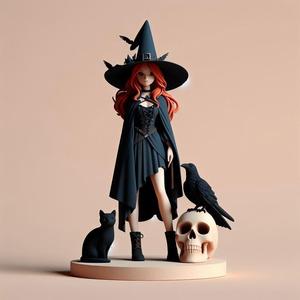 697 Red-Haired Witch with Cat and Raven - Full-Color 3D Model, magic, creature, sculpture, fantasy, wood, base, sword, warrior, wild, dragon, dnd, cat, monster, dog, godzilla, fair, totem, witch, werewolf