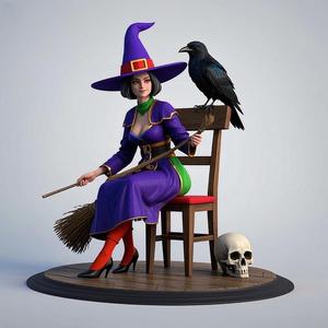 1383 Elegant Witch with Broom, Raven and Skull - Colorful Full-Body Figurine, magic, creature, fantasy, wood, gnome, gorgon, warrior, wild, fox, monster, cat, dog, fair, witch, werewolf, horror, beast, gothic, troll