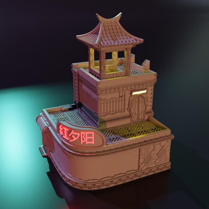 "Red Sunset" Cyberpunk diner.