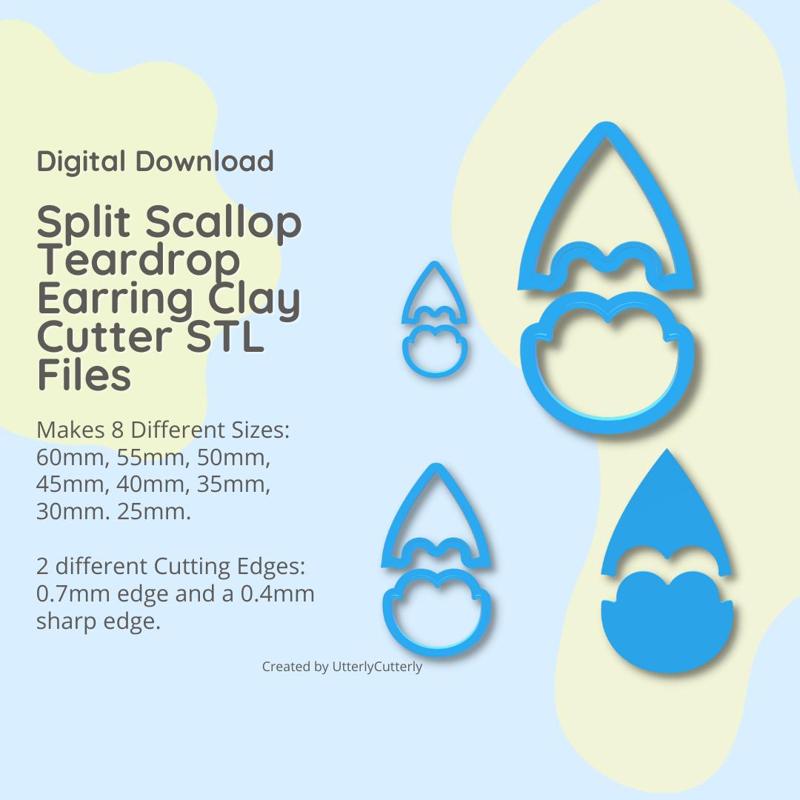 Split Scalloped Teardrop Clay Cutter - STL Digital File Download- 8 sizes and 2 Cutter Versions