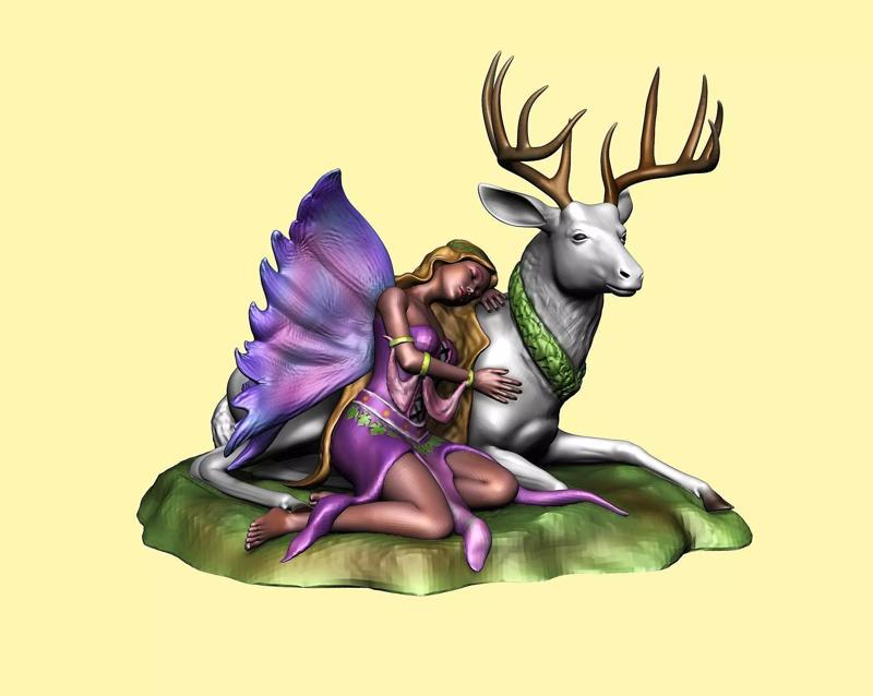 Sleeping fairy on deer figurine - Fawna