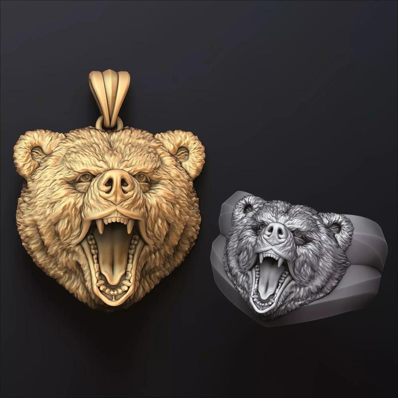 Basrelief Bear Head Ring And Pendant Set